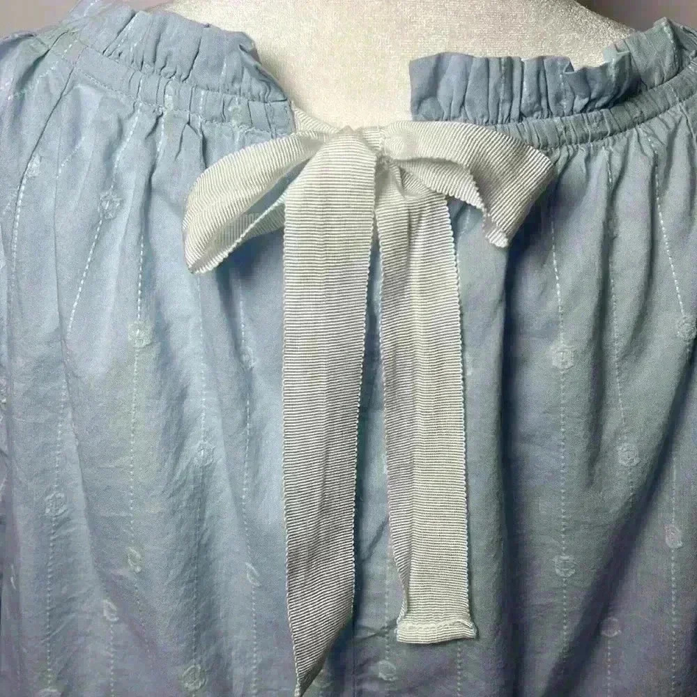 J. Crew Embroidered Ruffle Tie Back Long Sleeve Top Size M Light Blue & White - Picture 7 of 8